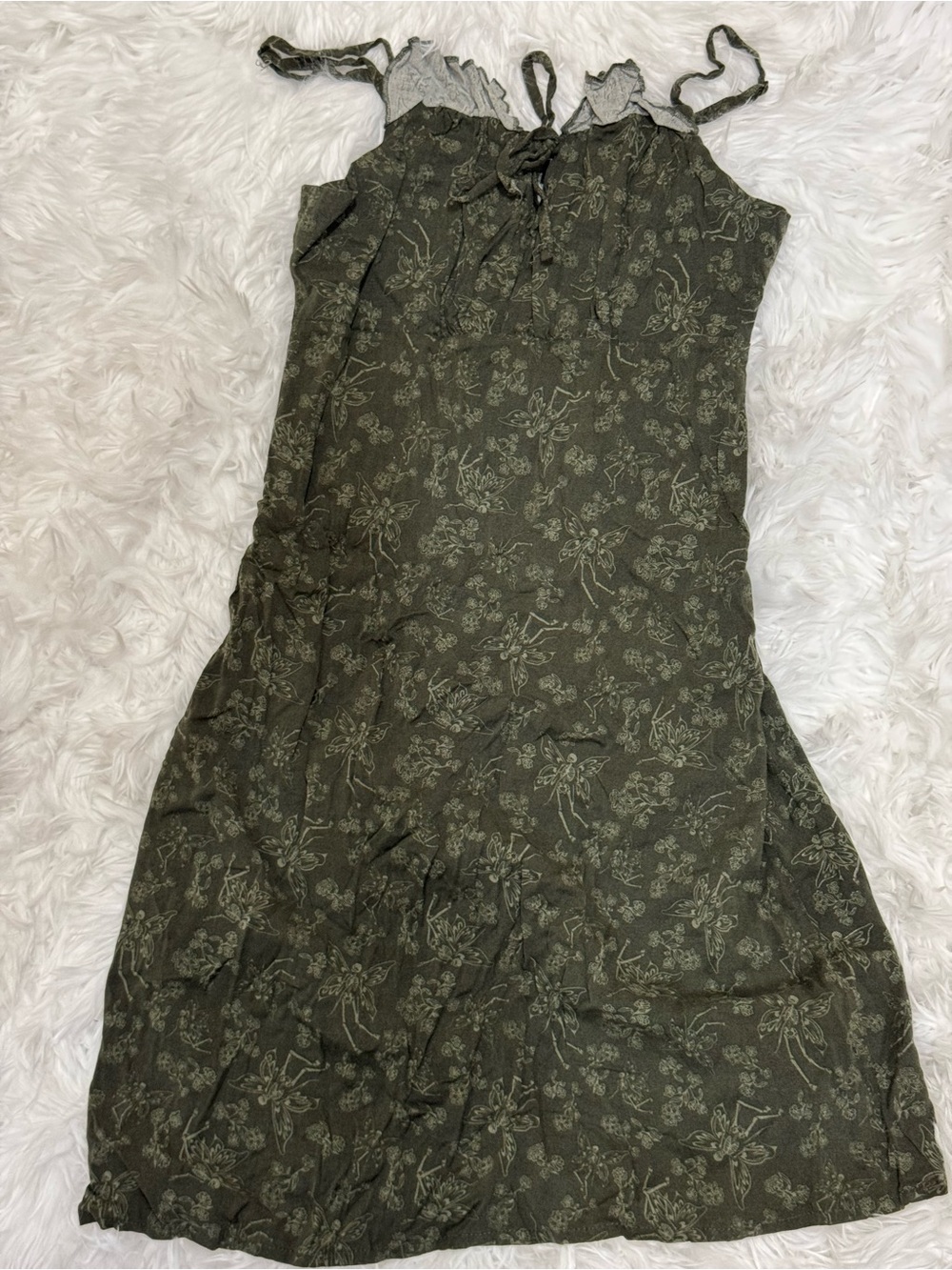 Thorn & Fable Fairy Print Midi Dress S Olive Green Fairycore Whimsigoth Grunge